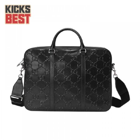 Gucci GG Embossed Briefcase Black Leather Cotton Linen Lining - GBC005