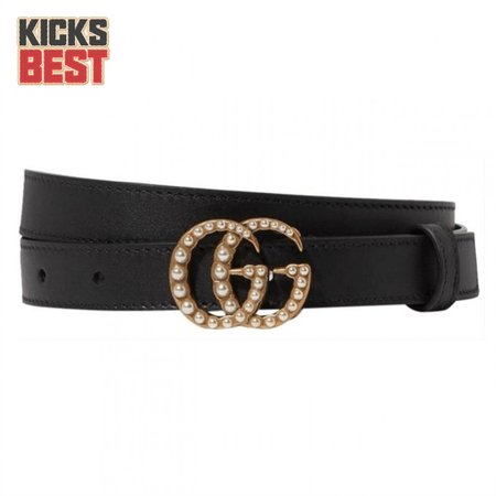 GUCCI BLACK FAUX PEARL-EMBELLISHED LEATHER BELT - B44