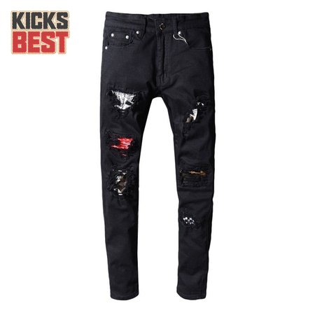 Amiri Bandanna Rip Jeans Black / Red / White