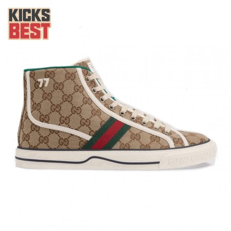 GUCCI TENNIS 1977 HIGH-TOP SNEAKERS IN BEIGE AND EBONY GG CANVAS - GC100